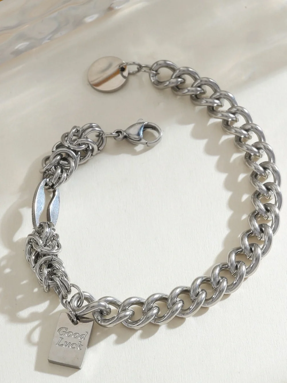 'Good Luck' Chain Bracelet Chunky Silver Bracelet